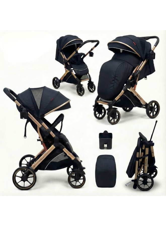 بيليكو عربة اطفال خفيفة الوزن ثنائية الاتجاه Beleco- Stroller B1- بتصميم قابل للتحويل والطي بشكل مريح بيد واحدة مع كفر شتوي - متعددة الاوضاع (اسود) - Image 1